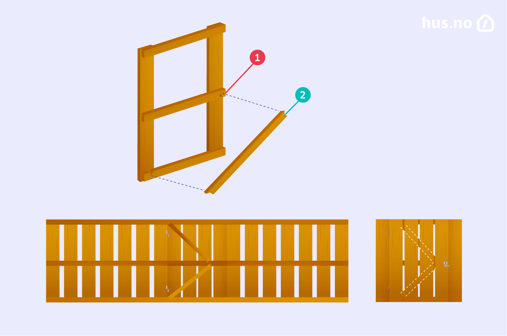 Illustrasjoner av den diagonale planken som gjør en gjerdeport mer stabil