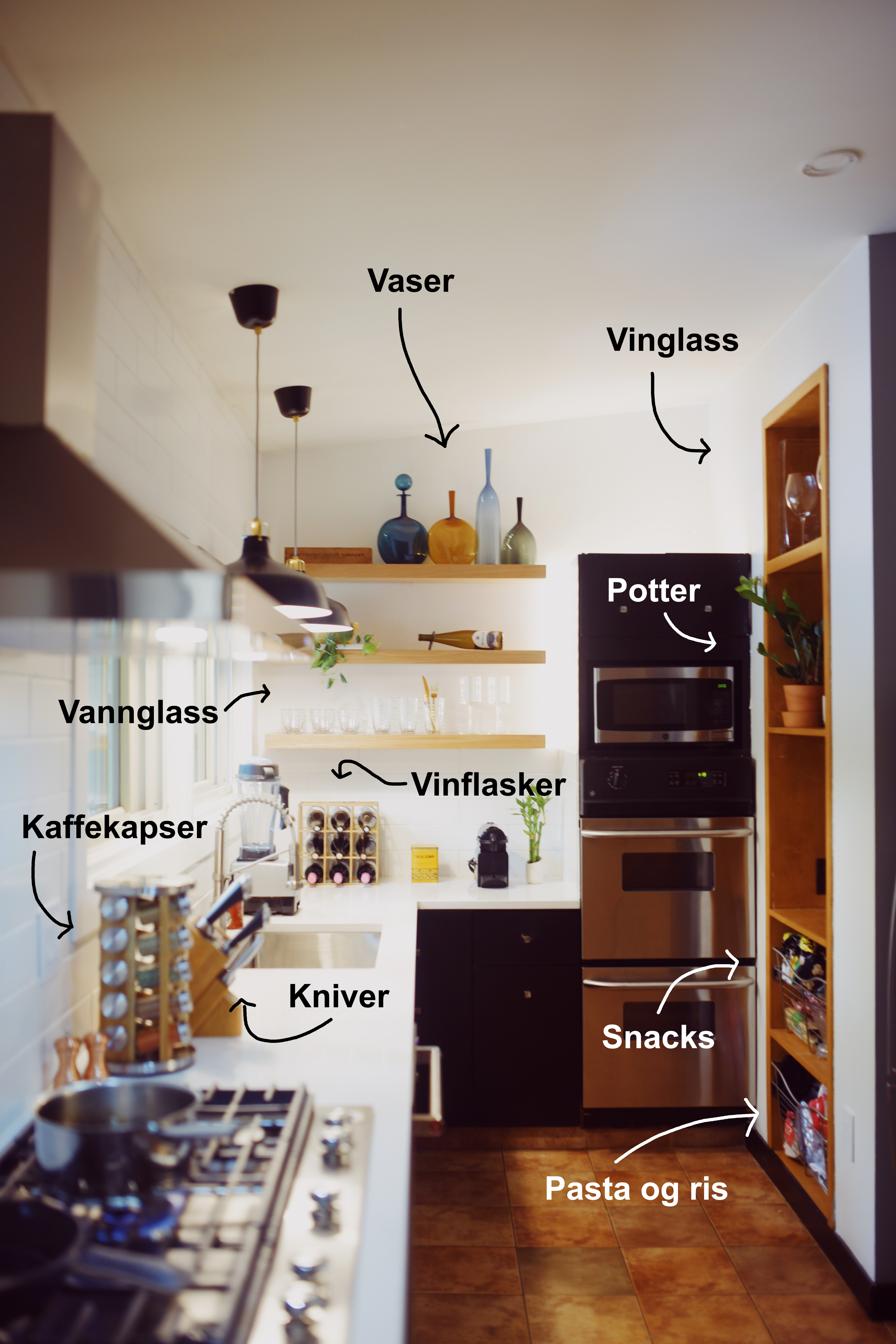 Et organisert kjøkken, hvor man ser at alt er plassert etter kategori